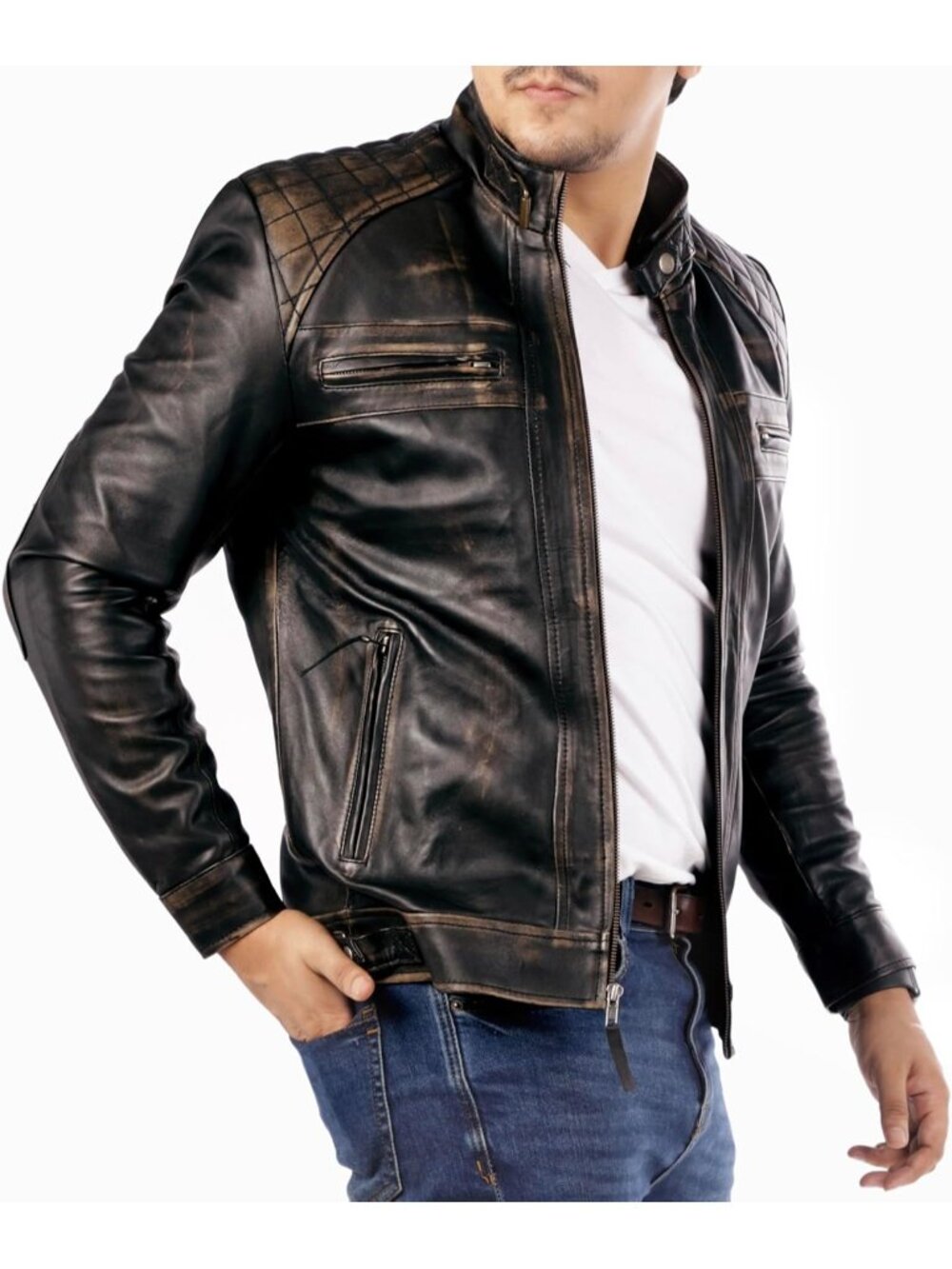 Man's Black Leather Diamond Style Long Sleeve Café Racer Motorcycle Jacket's